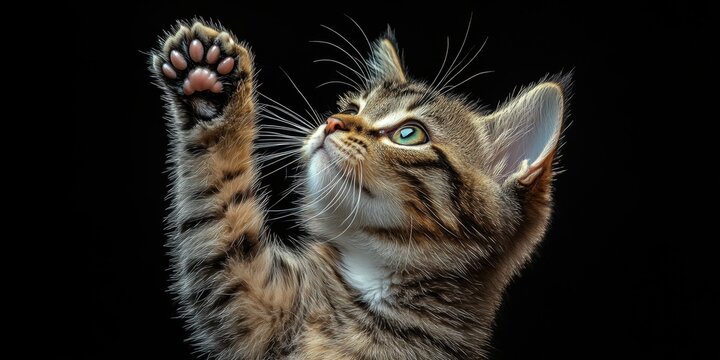 a cat reaching up to catch a frc