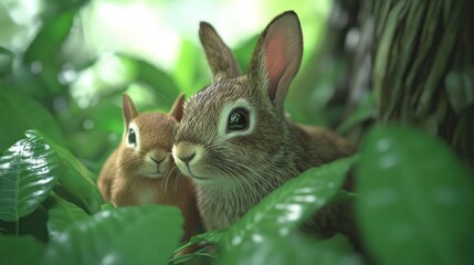 Fototapeta premium Close-up of Rabbit and Squirrel in Lush Greenery