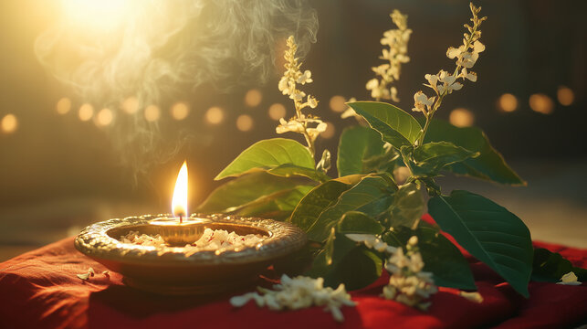 Tulsi Vivah, background of Tulsi plant decorated with red cloth and small lamp, offering tray with flowers and incense, soft light from oil lamp surrounds the plant, Ai generated images