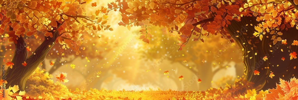 Poster beautiful trees in a golden autumn forest showcase vibrant fall leaves under gentle sunlight, creati