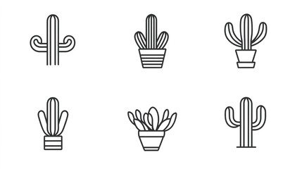 Fototapeta premium Minimalist vector icon set featuring a variety of cacti, each elegantly isolated on a clean white background. This collection showcases different types of cacti, highlighting their unique shapes