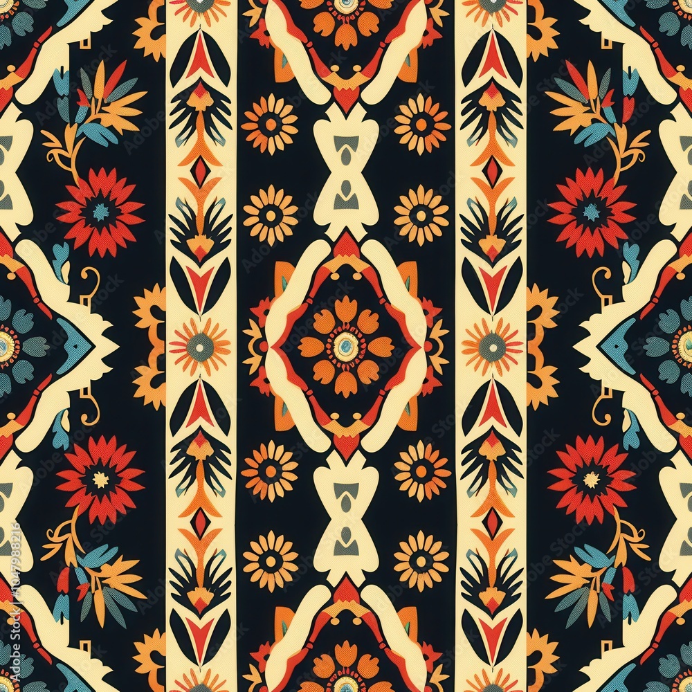 Fototapete a vibrant pattern featuring flowers and geometric shapes in bright colors set against a deep dark ba