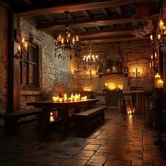 Fototapeta premium Stone room with candles, table, and benches.