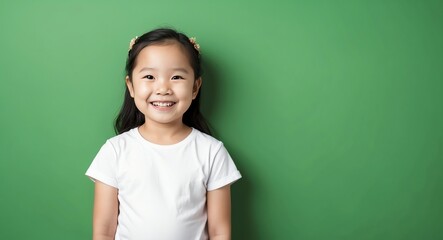 east asian kid girl green background wearing plain white tshirt smiling happy portrait