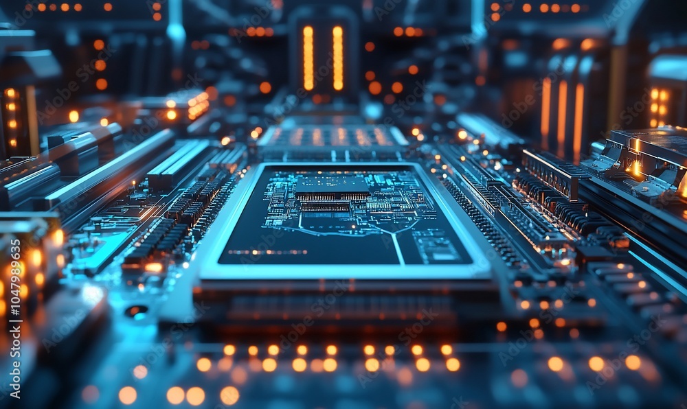 Fototapete a close-up of a computer motherboard with a glowing processor chip in the center.