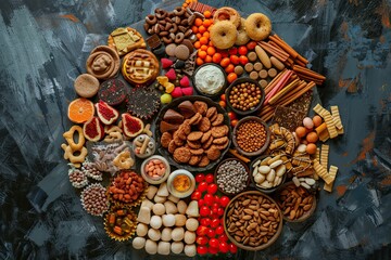 Assortment of snacks and treats in bowls.