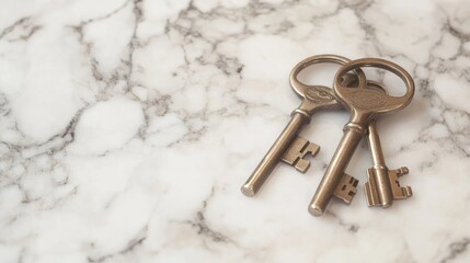 Vintage keys placed on a smooth marble surface, captured in a close-up, representing the allure of history and forgotten mysteries