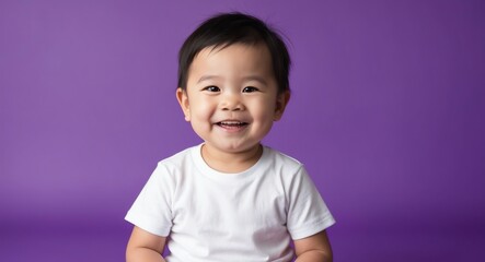 east asian toddler boy purple background wearing plain white tshirt smiling happy portrait