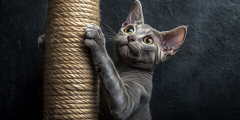 a cat is climbing on a rope