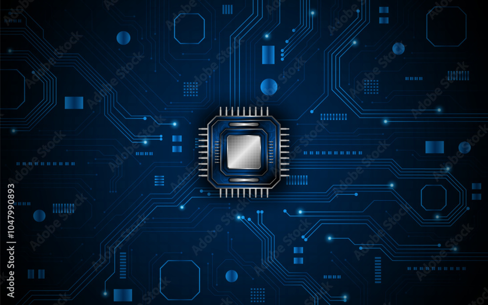 Aufkleber Microchip processor circuit board technology on dark blue background. Information Processing Concept. Circuit board hi-tech technology background. vector illustration	
