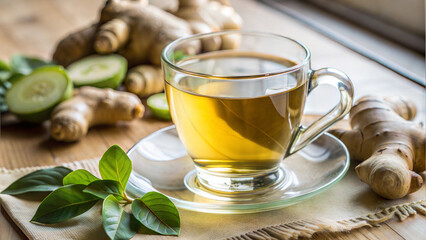Glass cup of ginger tea with fresh ginger pieces and cucumber slices, inviting ambiance, natural light setting 
