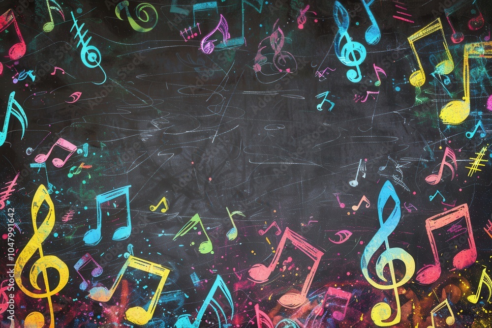 Poster a vibrant chalkboard features swirling colorful brushstrokes blended with musical notes, enhancing t