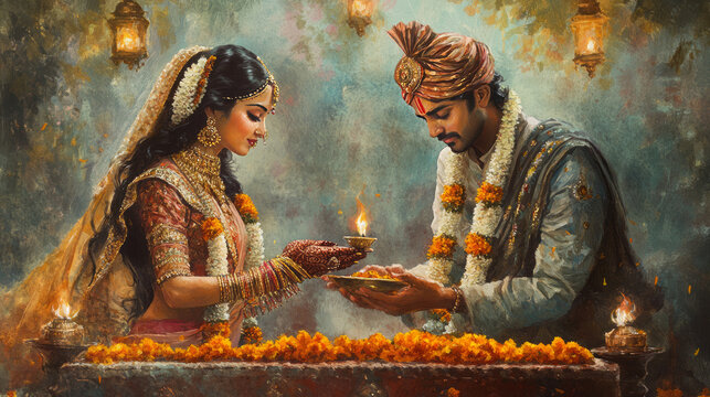 Tulsi Vivah, illustration of a man and woman dressed in traditional Indian attire performing a ceremony in front of a beautifully decorated Tulsi plant, Ai generated images