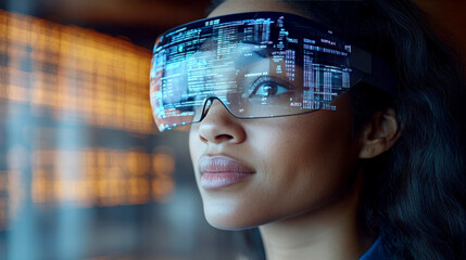 Woman with VR Headset: A young woman wearing a futuristic VR headset, her eyes reflecting the digital world, is lost in contemplation of the limitless possibilities of virtual reality.
