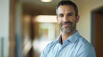 Fototapeta premium Portrait of a smiling man in a blue shirt standing in an office hallway