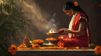 Tulsi Vivah, illustration of Tulsi plant decorated with red cloth and marigold flowers in the middle of a simple altar, a woman wearing a traditional Indian sari is performing the ritual, Ai generated