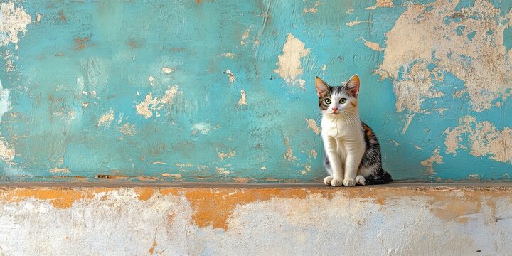 a cat sitting on a ledge against a wall
