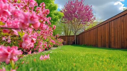 Obraz premium Vivid blossoms near an attractive lawn covered by a cedar fence