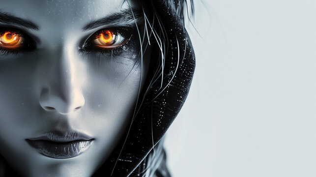 Futuristic female portrait with glowing orange eyes and cybernetic elements, intense stare