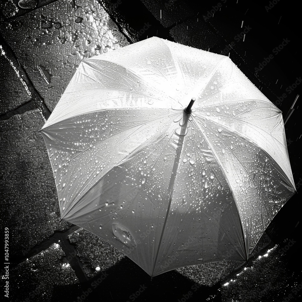 Poster the translucent quality of a white umbrella allowing the rain to create a beautiful dappled effect. 