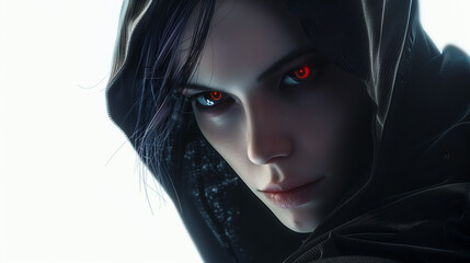 A close-up of a mysterious woman with glowing red eyes, wearing a dark hooded cloak, exuding an intense, futuristic, and enigmatic vibe