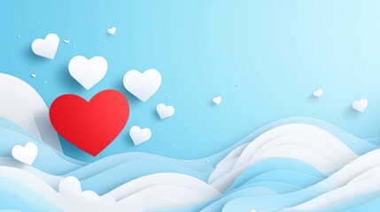 illustration of a Happy Valentine's Day background with a red heart and white paper-cut hearts on a blue pastel background,