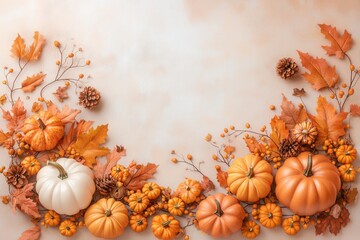 Autumn floral pumpkin arrangement for cozy background concept. A beautiful autumn arrangement featuring pumpkins gourds and colorful leaves perfect for seasonal decoration