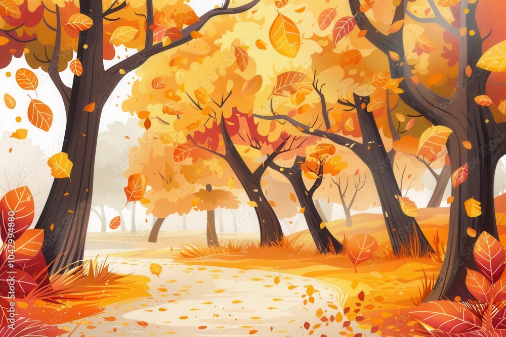 Aufkleber wander through a golden autumn forest where trees showcase bright fall leaves and a peaceful path in