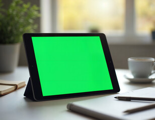 tablet computer on the table with green screen