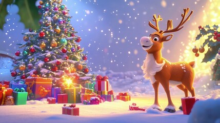 Naklejka premium : A vibrant cartoon Christmas day with a fluffy reindeer standing beside a glowing Christmas tree, colorful presents scattered around, and a soft, playful snow-filled background.