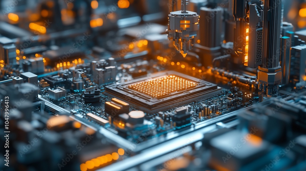 Aufkleber A close-up view of a computer chip on a circuit board with a robotic arm in the background.