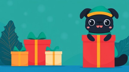 Cute Cartoon Dog Peeking Out of Christmas Gift Box