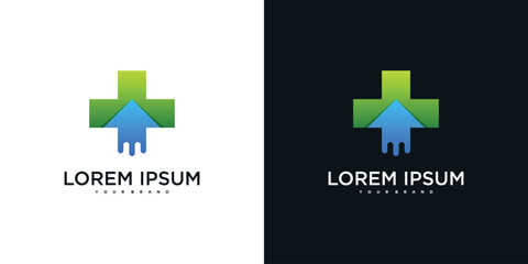 Health symbol medical logo cross sign design with arrow icon. Premium Vector