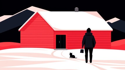 Person Walking Away from a Red House in Winter with a Cat