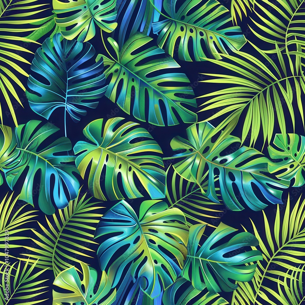 Poster a colorful arrangement of tropical leaves fills the background, showcasing various shades of green i