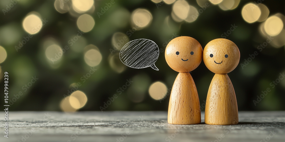 Poster two wooden figures with friendly expressions and a speech bubble, symbolizing a happy conversation, 