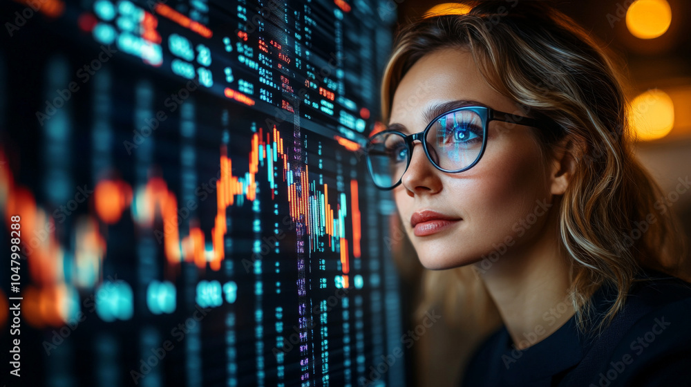 Poster data analyst at work: a focused young woman in glasses examines a large screen displaying dynamic da