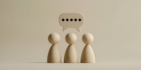 Three wooden figures in conversation with a speech bubble, symbolizing communication, teamwork, or group discussion on a neutral beige background.