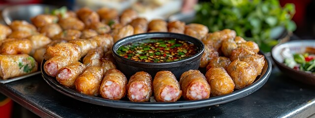 A platter of fried spring rolls with a dipping sauce and fresh herbs.