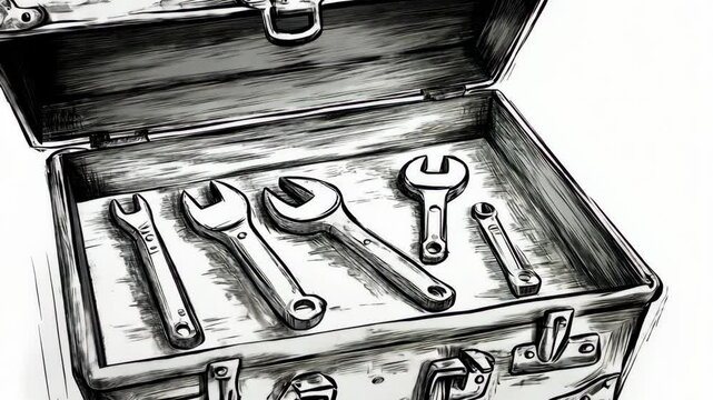 A black and white illustration of an open toolbox with five wrenches inside