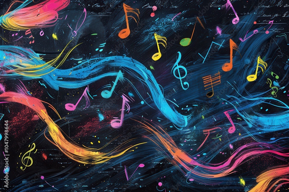 Aufkleber bright brushstrokes and musical notes intertwine on a chalkboard, creating a vibrant, artistic atmos