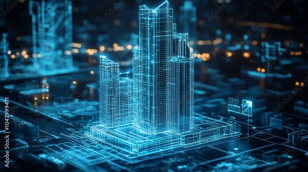 Poster A digital rendering of a futuristic city with buildings, roads, and infrastructure made up of glowing lines and points, resembling a circuit board.