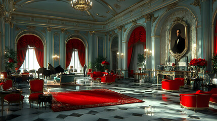 Grand Interior Design - 3D Illustration of a Luxurious Room with Red Accents
