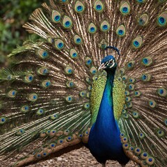Obraz premium A regal peacock with its tail feathers fanned out in vibrant colors.