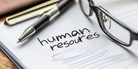 The word "human resources" is written on a white piece of paper using a pen, with a pair of glasses nearby, generative AI