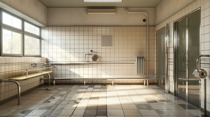 Supportive Sanitary Facilities: Generic Restroom with Handrails and Bench for Enhanced Accessibility