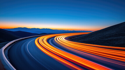 Naklejka premium Dynamic Light Trail on Curved Road at Sunset, Perfect for Speed and Motion Concepts
