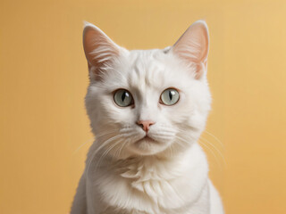 A cat sits against a plain background