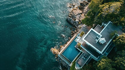 Fototapeta premium Seaside Serenity: Stunning Oceanfront Home with Pool and Direct Water Access