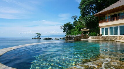 Obraz premium Coastal Luxury Living: Oceanfront House with Inviting Swimming Pool and Waterfront Access